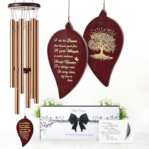 32 Inch Leaf Gold Memorial Wind Chimes for Loss of Loved One Sympathy Gift | Memorial gift for loss of mom, dad or husband, remembrance keepsake, poem card and quiet-hours mute - color: Leaf, size: 32" Golden