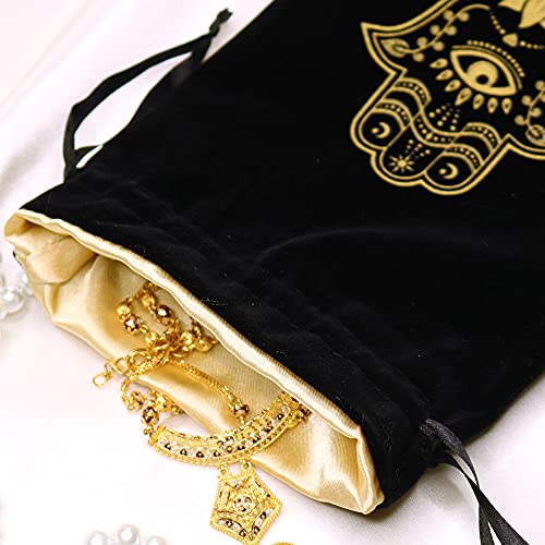 ARTSY CRAFTS 6x9" Hamsa Hand Velvet Jewelry Pouch Gift Bags, Fatima Hand Evil Eye Velvet Drawstring Oracle Tarot Card Rune bags Dice Bag (Smoky Black) - color: Smoky Black