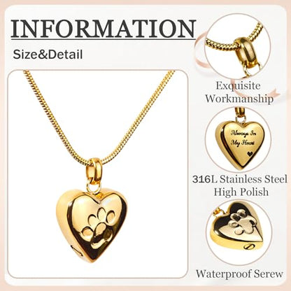 LittleFlower Paw Print Heart Pet Ashes Urn Necklace, Keepsake Pendant-Gold - style: Gold