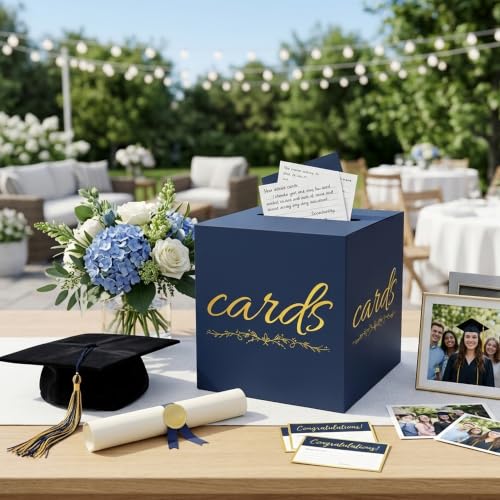 Navy Blue and Gold Card Box for Party Graduation Baby Bridal Shower Birthday Funeral 7.8 x 7.8 x 7.8 In Gift Card Holder Wedding Card Boxes for Reception Raffle Voting Ballot Box with Slot - color: BlueGoldF