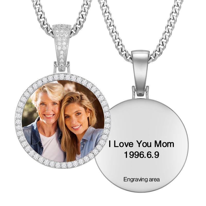 YIMERAIRE Customized Picture Necklace Personalized Circle Chain - color: 01 Circle Pendant Text(Silver)+Cuban Chain 0171