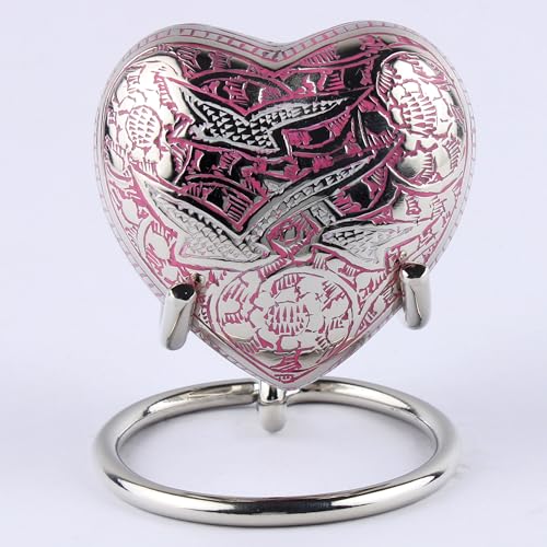 Heart Shaped Brass Small Urn for Human Ashes Keepsake with Engraved Birds – Mini Cremation Urn with Velvet Box & Brass Stand – Memorial Keepsake for Ashes of Adult Male, Female and Infant (Pink) - color: Pink