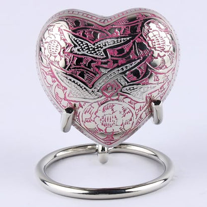 Heart Shaped Brass Small Urn for Human Ashes Keepsake with Engraved Birds – Mini Cremation Urn with Velvet Box & Brass Stand – Memorial Keepsake for Ashes of Adult Male, Female and Infant (Pink) - color: Pink