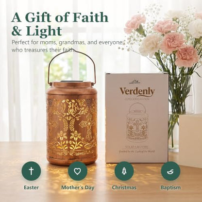 Solar Lantern with with Shepherd Hook Hanging Pole, Cross, Religious Decorations | Decorative Outdoor Waterproof Garden Lantern | Catholic Christian Gift Idea for Home, Yard, Patio, Backyard, Porch