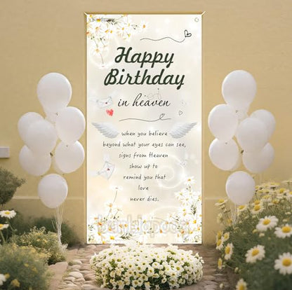 Happy Birthday in Heaven Door Banner Remembrance Memorial Decorations Funeral Memorial Door Banner Heavenly Birthday Remembrance Sign for Cemetery 70.8 * 35.4 inch White