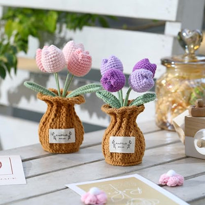 Tulip Crochet Flower Potted Plant Handmade Desk Decor Gift - color: D-tulip-purple