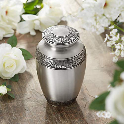 Reminded Cremation Memorial Urn for Human Ashes, Silver Adult Funeral Urn with Velvet Bag - color: Silver