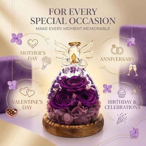 Preserved Real Rose Eternal Rose in Glass Angel Figurine with LED Light, Forever Flowers Angel Gift for Women Her Mom on Valentine's Day Christmas Birthday Anniversary (Purple, 5.8 Inch) - color: Purple