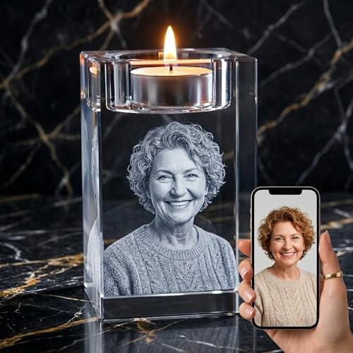 Memorial Photo Crystal Candle Holder – 3D Laser Engraved K9 Keepsake – in Memory of Parent, Spouse, Child, Pet – Custom Remembrance Crystal (Medium) - size: Medium