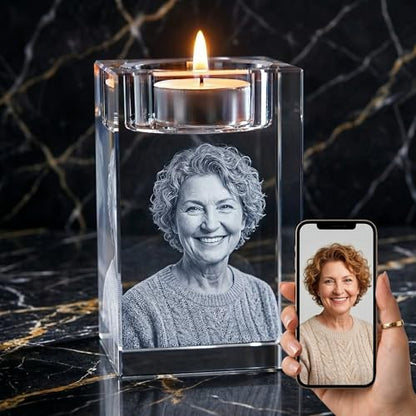 Memorial Photo Crystal Candle Holder – 3D Laser Engraved K9 Keepsake – in Memory of Parent, Spouse, Child, Pet – Custom Remembrance Crystal (Medium) - size: Medium