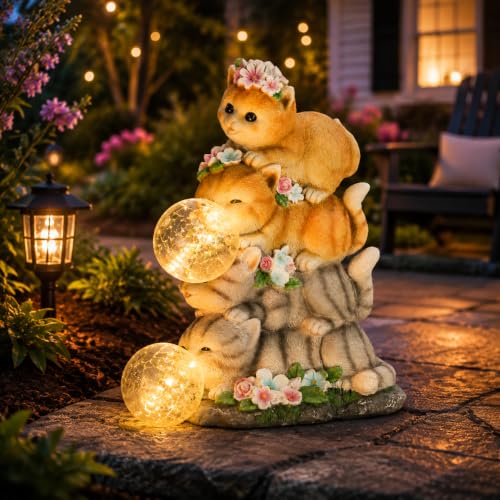 Cat Garden Statue, Orange Cats with Bubble Solar Lights, Cat Lovers Gifts | Stacked Cats Solar Lantern Lights, Lawn Ornaments for Outside Clearance, Yard, Patio, Porch Decor and Gardening Gift - color: 4 Cats