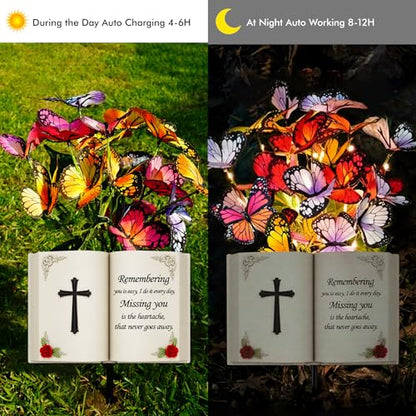 Solar Bible Cross Memorial Stake - Metal Silhouette Religious Grave Decoration for Cemetery - Flat Christian Cross Stake with Butterfly Lights - Cemetery Flower Decor for Grave, Sympathy Gift - style: Bible Cross with Flowers