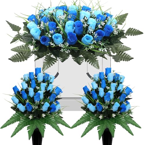 3Pack Artificial Cemetery flowers for grave,Headstone flower saddle Gravesite Decoration Roses Memorial Bouquets with Cemetery Vase for Cemetery Decorations Non-Fading Easy Fit (Blue) - color: Blue