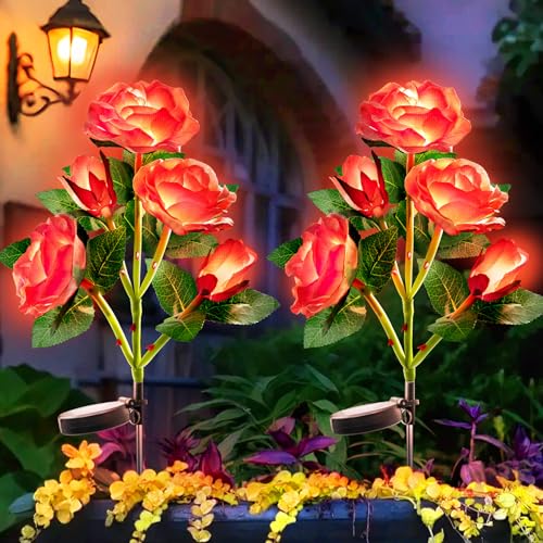 Anordsem Solar Garden Lights Outdoor: 10 Waterproof Fabric Roses 2 Pack - Red LED Flower Decorations for Yard Patio Path Cemetery Grave - Mother’s Day Gift for Her Women Mom Wife - color: Red, size: 2 Pack (LED luminous white)