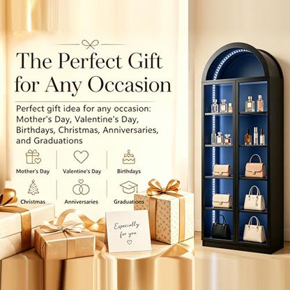 Wildhome Wooden Curio Cabinet with Acrylic Glass Door,77" Tall Arch Display Cabinet & Perfume Organizer with LED Light,Showcase for Collections,Perfume,Vinyl Albums,Bookcase - color: Black