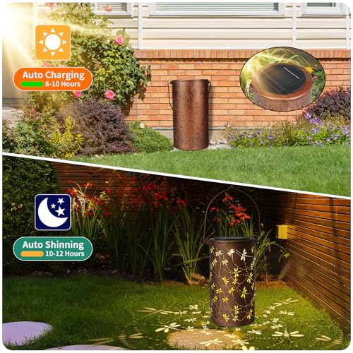 Dragonfly Solar Lanterns Outdoor Waterproof, Birthday Gifts for Women | Garden Decor Gifts for Mom, Metal Solar Hanging Lights for Patio、Yard、Balcony、Porch - style: Dragonfly