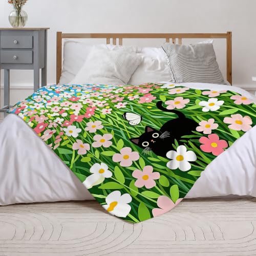 Cute Cat Fleece Throw Blanket, Flowers Flannel Blankets for Couch 50"×60" - color: Cute Black Cat