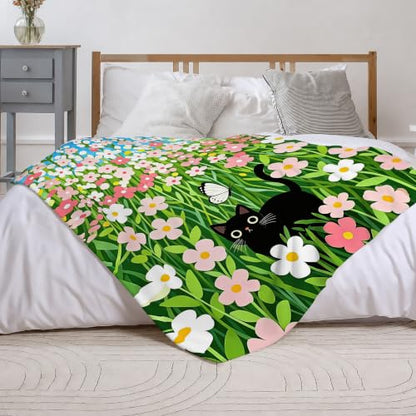 Cute Cat Fleece Throw Blanket, Flowers Flannel Blankets for Couch 50"×60" - color: Cute Black Cat
