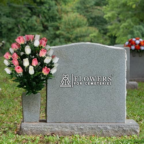 Artificial Cemetery Flowers - Gravesite Flowers - Cream Pink Roses - color: Cream and White Roses, size: (1) Bouquet