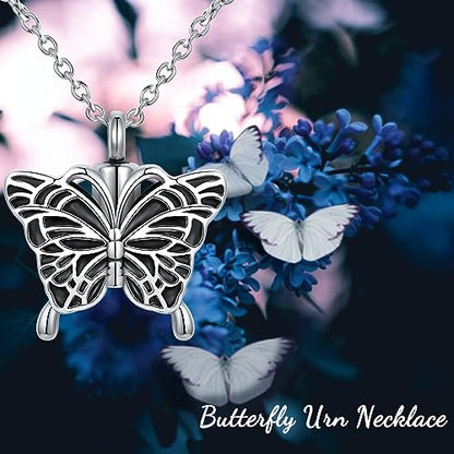 Turtle Angel Dog Butterfly Cremation Jewelry for Ashes Stainless Steel Urn Necklace Ash Holder for Women Men - style: Silver Butterfly