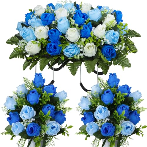 XONOR Artificial Cemetery Flower Saddles, Cemetery Memorial Flowers with Vase for Grave Tombstone Decorations (Blue&White) - color: Blue&white