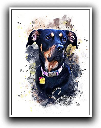 Custom Dog/Cat Portrait Watercolor Painting Framed Canvas Prints with Your Photos Wall Art for Home Decoration, Personalized Memorial Gift for Pet Lovers Dog Moms (16x20 inches, White Frame) - color: White Frame, size: 20"L x 16"W