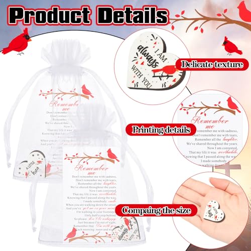Yousoontic 120 Sets Funeral Favors Celebration of Life Decorations Cardinal Memorial Angel Sign Heart Pocket Hug Token with Prayer Card Organza Bag for Guests Funeral Cardinal Memorial Gifts
