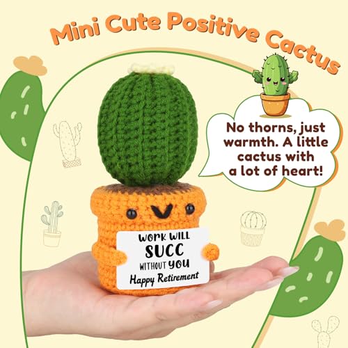 Retirement Gifts for Coworker Boss Women Men, Funny Handmade Cactus Crochet Desk Decor for Woman Friends Teacher, 2026 Happy Retirement Party Decoration, Best Retired for Mom Nurse Leaving Goodbye - style: Happy Retirement