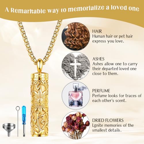 Sunflower Urn Necklace for Ashes: Stainless Steel Cremation Memorial Jewelry Keepsake Pendant Necklace with Filling Kit for Women Men - style: Sunflower Urn Keepsake - Gold