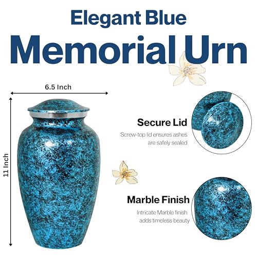 Alpha Living Home Cremation Urn for Human Ashes, Blue, Adult | Aluminum metal, marble finish, 200+ cu in capacity, 11x6.5 in, screw-top lid, handcrafted engraving - color: Dark Blue/Silver/Black, size: Classic Marble 11"H x 6"W