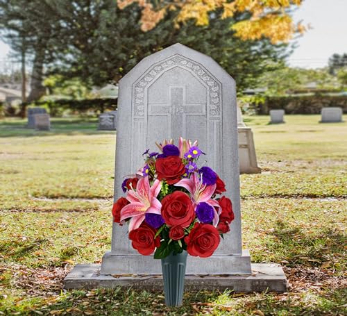 Artificial Cemetery Flowers with Vase, Artificial Rose Lily Carnation Bouquet, Graveyard Memorial Flowers for Cemetery Headstones Decoration