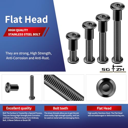 1/4-20 x 1/2" 20Pcs Flat Head Hex Socket Cap Screws Bolts Barrel Nuts Kit, 304 Stainless Steel 18-8, Full Thread, Black Oxide by SG TZH (with Hex Spanner) - color: Black, size: 1/4-20 x 1/2"