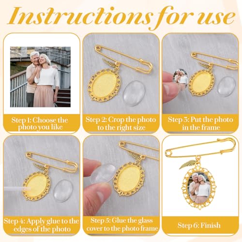 Wedding Bouquet Photo Charm, Lacy Oval Glass Picture Frame Memory Pin - color: Gold