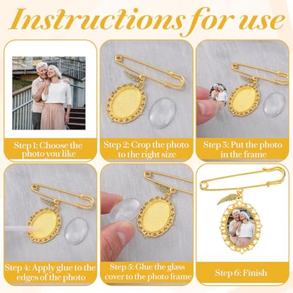 Wedding Bouquet Photo Charm, Lacy Oval Glass Picture Frame Memory Pin - color: Gold