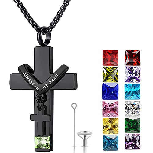 YOUFENG Birthstones Urn Necklaces for Ashes Cross Cremation Pendant Urns for Human Ashes Memorial Keepsake Locket Jewelry - style: August-birthstones