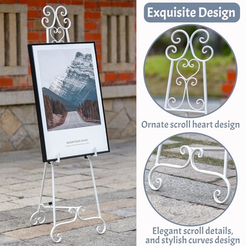 Heavy Duty Easel Stand for Wedding Sign, Adjustable Metal Display Easel | Durable metal, Scroll Design, Holds 56lbs, Adjustable Heightangle, Foldable Flat for Storage, White Matte Finish, No Assembly - style: Scroll-White