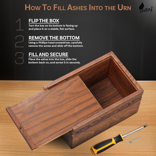 Borders Wooden Urns for Human Ashes Adult Funeral Urn, Wooden Cremation Urns for Ashes Engraving, Wooden Box (L (9x6x5) 185 Cu/in, Custom Border Carved) | Hand-carved solid sheesham rosewood, screw-locked sliding base, engraving available, holds up to 180
