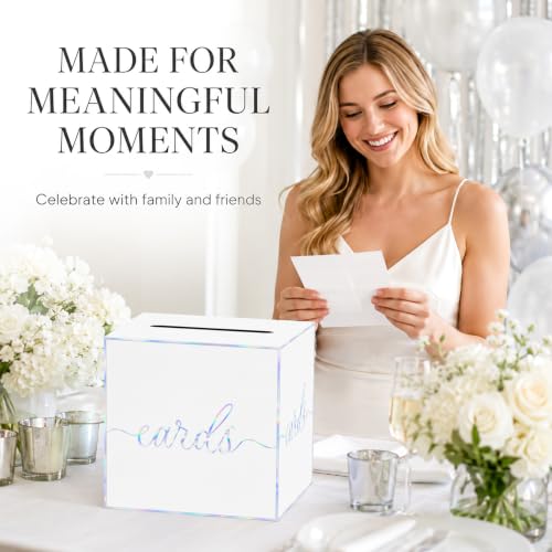 White Iridescent Card Box for Birthday Parties, Wedding and Bridal Shower | Collect Cards and Envelopes in One Place with an 8.7 Inch Cube, Wide Top Slot and Holographic White Design - color: White Iridescent