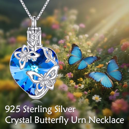 TOUPOP Sterling Silver Urn Necklace for Ashes with Crystal Memorial Keepsake Dragonfly/Butterfly/Cardinal/Cat/Dolphin Cremeation Jewelry Birthday Mothers Day Christmas Gifts for Her Women - style: Butterfly