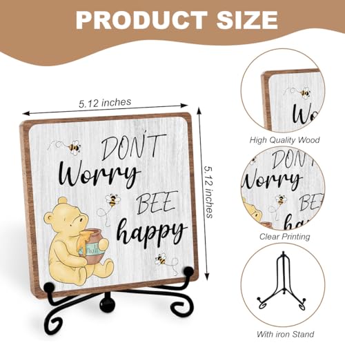 Inspirational Winnie Gifts for Women Men, Motivational Quotes Tabletop Sign | Winnie Decor for Friend Bestie Coworker, Positive Wooden Plaque with Iron Stand for Office Bedroom Living Room Home Shelf - style: Bee happy