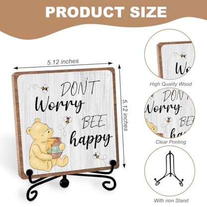 Inspirational Winnie Gifts for Women Men, Motivational Quotes Tabletop Sign | Winnie Decor for Friend Bestie Coworker, Positive Wooden Plaque with Iron Stand for Office Bedroom Living Room Home Shelf - style: Bee happy
