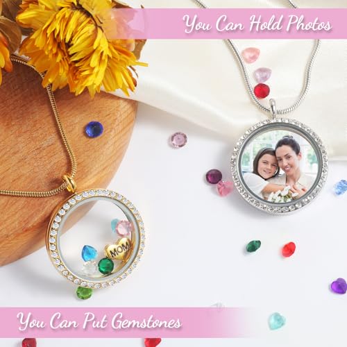 Floating Locket Necklace for Mom Grandma Birthstone Necklace for Women - color: Silver