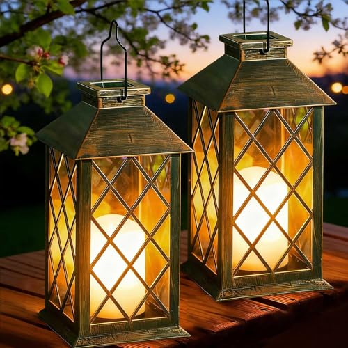 2 Pack 9" Medium Tempered Glass Solar Lanterns Outdoor Waterproof | Hanging Solar Lights with Flickering Flameless Candles, Solar Lantern for Wall Porch Patio Table Garden Decoration - Bronze - color: Bronze, size: 2 Pcs 9"