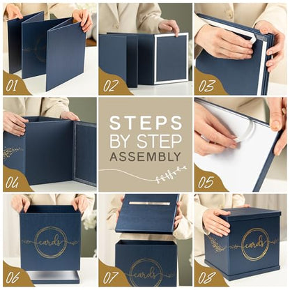 Blue & Gold Card Box, Large 10x10 Navy Gift Card Box for Party, Graduation | Wedding Reception, Bridal & Baby Shower, Sweet 16, Funeral, Birthday, Quinceanera, Retirement, Envelope Holder, Money Basket