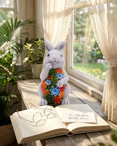 Nacome Solar Garden Outdoor Statues Bunny with Succulent - color: Light Grey Bunny