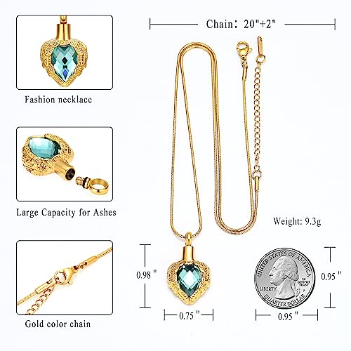 memorial jewelry Gold Angel Wings Glass Heart Urn Pet/Human Cremation Pendant Necklace Jewelry for Ashes - color: Blue