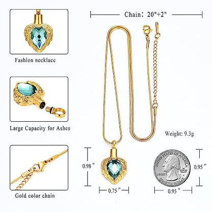memorial jewelry Gold Angel Wings Glass Heart Urn Pet/Human Cremation Pendant Necklace Jewelry for Ashes - color: Blue