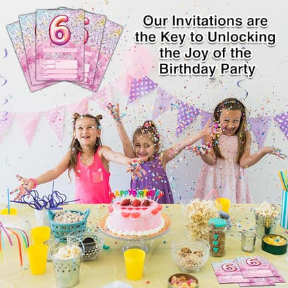 Birthday Invitations - Pink 6th Birthday Invites with Envelopes(25-Count) - Rainbow Foil Fill-in Party Invite Cards for Girls Kids Party Supplies Favors Decorations - A20 - style: Pink 6th