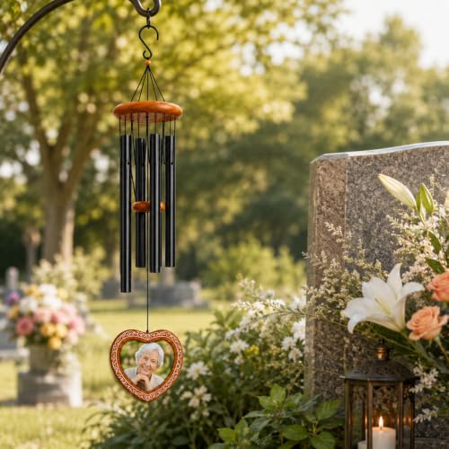 34 Inch Memorial Wind Chimes for Outside with Heart Photo Frame, Black - color: Black