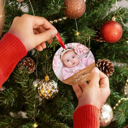 Personalized Baby First Christmas Ornaments Boy and Girl, Custom Photo and Name 2025 Christmas Tree Ornament, Velvet Pouch Included, 3.75" ACM Ornament, Made in The USA - color: Baby Wood